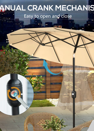 Double Sided Patio Umbrella, 9.7' Large Outdoor Market Umbrella with Push Button Tilt and Crank, 3 Air Vents and 12 Ribs, for Garden, Deck, Pool, Brown