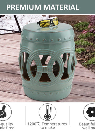 14" x 17" Ceramic Garden Stool with Double-Coin Knotted Ring Design & Strong Glazed Material, Decorative End Table, Home Collection, Antique Blue