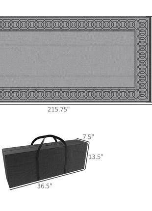 RV Mat, Outdoor Patio Rug / Large Camping Carpet, 9' x 18', Waterproof Plastic Straw, Reversible, Black & Gray Border