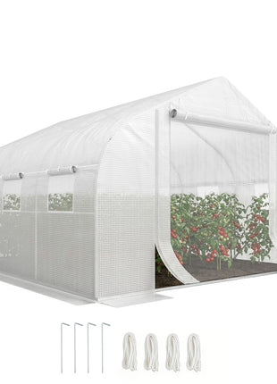 11.5' x 10' x 6.5' Walk-in Greenhouse, Tunnel Green House with Zippered Door and 6 Mesh Windows, Gardening Plant Hot House with Galvanized Steel Frame, White