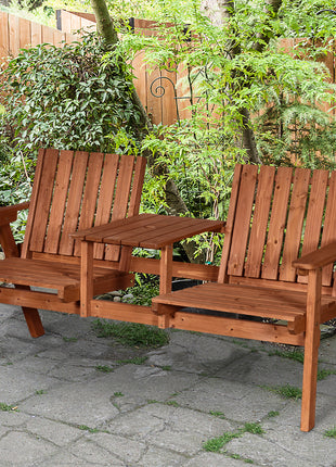 Patio Bench, Garden Bench with Middle Table and Umbrella Hole, Wooden Outdoor Bench for Patio, Porch, Poolside, Balcony, Orange
