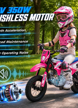36V Electric Dirt Bike for Kids with Brushless Motor, Up to 9.9 MPH, Inflatable Tires and Rear Suspension, Pink