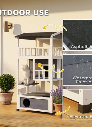 Wooden Outdoor Cat House, Feral Cat Shelter Kitten Condo with Asphalt Roof, Escape Doors, Condo, Jumping Platform, Gray