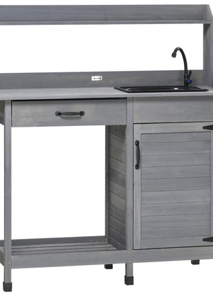 Potting Bench Table with Removable Sink, Outdoor Work Bench Table with Storage Cabinet, Hooks, Faucet and Drawer for Greenhouse, Garden, Patio, Gray