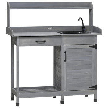 Potting Bench Table with Removable Sink, Outdoor Work Bench Table with Storage Cabinet, Hooks, Faucet and Drawer for Greenhouse, Garden, Patio, Gray