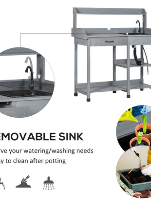 Potting Bench Table, Outdoor Garden Table Wooden Work Station with Removable Sink, Faucet, Drawer, Shelves, Hooks, Gray