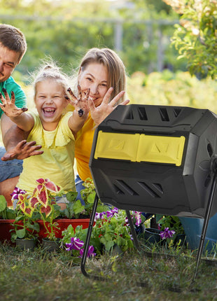 Tumbling Compost Bin Outdoor 360° Dual Chamber Rotating Composter 43 Gallon, Yellow