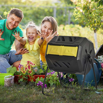 Tumbling Compost Bin Outdoor 360° Dual Chamber Rotating Composter 43 Gallon, Yellow