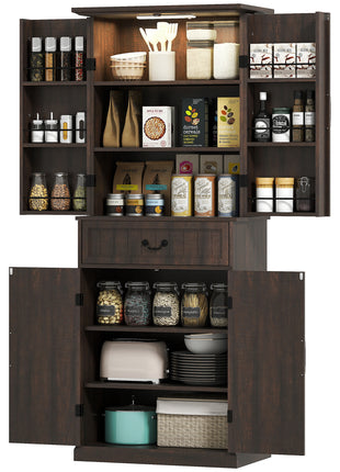 71" LED Kitchen Pantry Cabinet, Farmhouse Storage Cabinet with Door Shelves, Distressed Brown