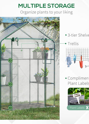 Outdoor Walk-in Mini Greenhouse with Mesh Door & Windows, Small Portable Garden Green House with 3 Tiers 6 Shelves, Trellis, & Plant Labels