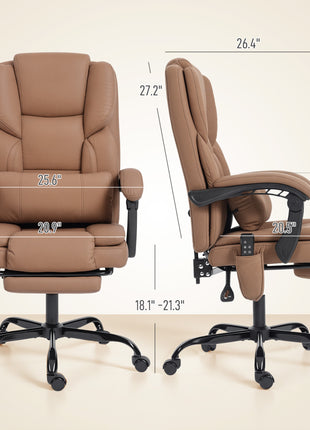 Office Chair with Massage, Pet-Friendly Faux Leather Reclining Desk Chair with Lumbar Support, Footrest, Brown