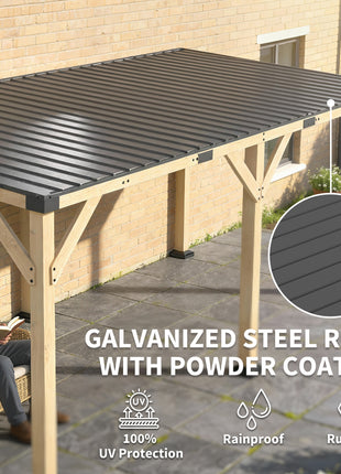 10' x 20' Wooden Gazebo, Hardtop Lean-to Gazebo Pergola with Galvanized Steel Sloped Roof, Light Walnut