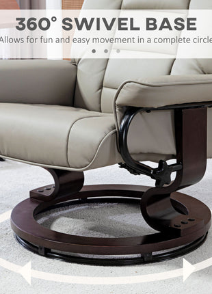 Faux Leather Recliner with Ottoman, Swivel Recliner Chair and Ottoman with High Back and Wood Base, Gray