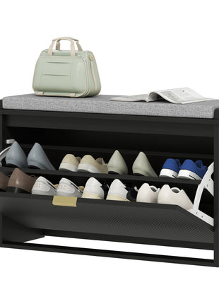Shoe Storage Bench with Padded Seat Cushion and Flip-Drawer, Entryway Bench, Shoe Cabinet, 31.5x10.2x18.7 Inches, Black
