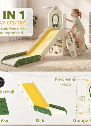 Foldable 5 in 1 Toddler Slide with Ladder, Climbing Wall, Basketball Hoop, Storage and Basketball for 1-3 Years, Cream