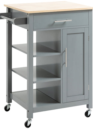 Kitchen Island Cart, Rolling Kitchen Island with Storage Shelf, Solid Wood Top, Drawer, for Dining Room, Gray