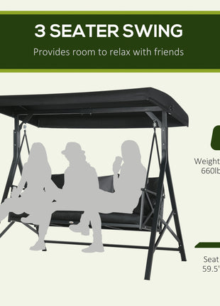 3-Seat Patio Swing Chair, Porch Swing Glider with Cushion, 3 Throw Pillows & Adjustable Canopy for Porch, Garden, Poolside, Backyard, Black