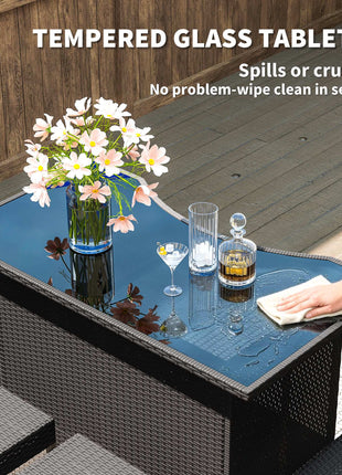 5 Piece Rattan Wicker Bar Set, High Top Outdoor Table and Chairs, Bar Height Patio Set, 2 Shelves & 4 Bar Stools, Brown