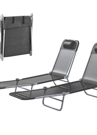2 Piece Sun Loungers, Folding Chaise Lounge Chairs with Reclining Back, Breathable Mesh Seat, Headrest, Black