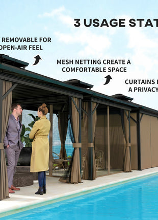 10' x 10' Hardtop Gazebo with Aluminum Frame, Metal Roof Gazebo Canopy w/ Hook, Curtains included, Dark Brown