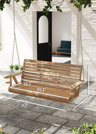3-Seater Swing Bench, Wooden Porch Swing with Cupholders, Hanging Chains for Patio Garden, Nature Wood