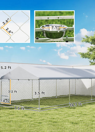 Outdoor Dog Kennel with Adjustable & Rotatable Bowl Rack, Waterproof Cover, Secure Lock, 19.7' x 7.5' x 5.2'