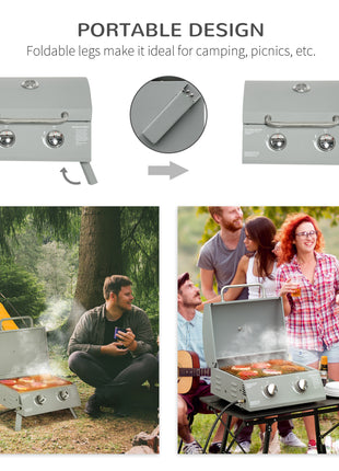 2 Burner Folding Tabletop Gas BBQ Grill w/ Lid, Thermometer, Carbon Steel, Gray