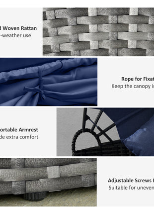 4-piece Cushioned Outdoor Rattan Wicker Sunbed or Conversational Sofa Set with Sun Canopy, Dark Blue