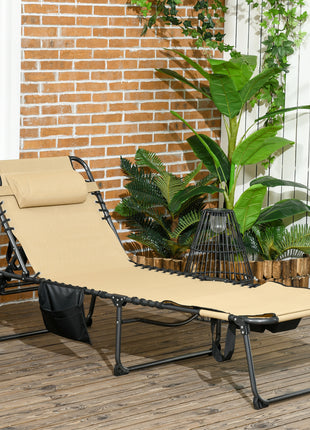 Folding Chaise Tanning Lounge Chair w/ 5-level Reclining Back, Reading Hole, Side Pocket, Headrest, Beige