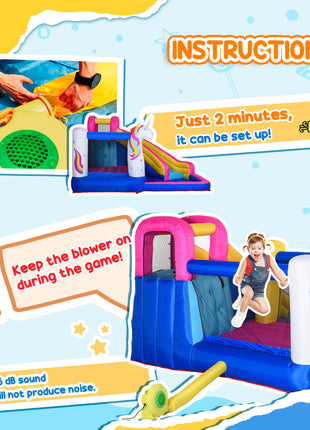 Inflatable Water Slide Bounce House with Trampoline, Climbing Wall, Water Cannon, Basketball Hoop, Splash Pool, 450W Blower, Unicorn Themed Bouncy House for Kids 3-8 Years Old