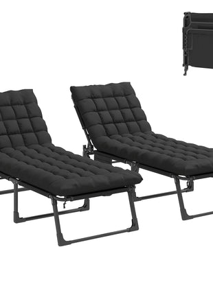 Folding Chaise Lounge Chair Outdoor Tanning Chair Set of 2 with 5-Position Backrest, Cushions, Side Pocket, Black