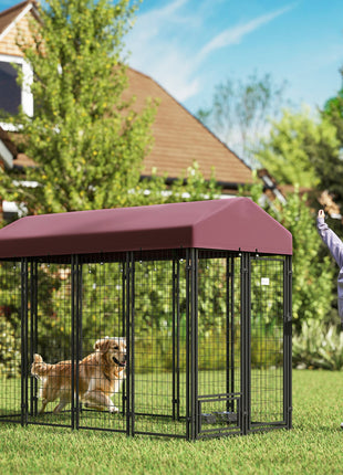 Outdoor Dog Kennel with Rotating Bowl Holders, Walk-in Pet Playpen with Waterproof Cover, 8' x 4' x 6', Red