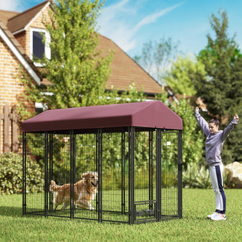 Outdoor Dog Kennel with Rotating Bowl Holders, Walk-in Pet Playpen with Waterproof Cover, 8' x 4' x 6', Red