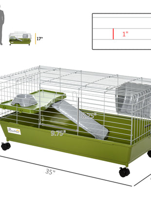 35"L Small Animal Cage, Rolling Bunny Cage, Guinea Pig Cage with Food Dish, Water Bottle, Hay Feeder, Platform, Ramp for Chinchilla, Green