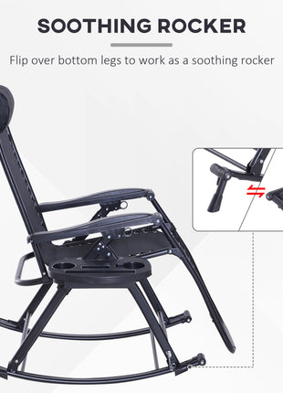 Outdoor Rocking Chairs, Foldable Reclining Zero Gravity Lounge Rocker with Pillow, Cup & Phone Holder, Combo Design with Folding Legs, Black