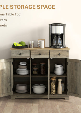 Kitchen Storage Cabinet, Sideboard Floor Cupboard with Solid Wood Top, Adjustable Shelf, and 3 Drawers, Distressed Gray