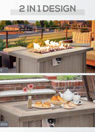 Propane Fire Pit Table, 30,000 BTU 42" Wicker-Effect Gas Fire Table, Auto-Ignition Rectangular Outdoor Firepit with Lid, Ceramic Tabletop, Lava Rocks and Rain Cover, CSA Certification, Gray