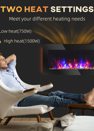 36" 1450W Electric Wall-Mounted Fireplace with Flame Effect, 7 Color Background Light and Side Light, Black