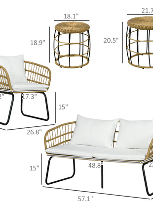 5 Piece PE Rattan Outdoor Furniture Set with Cushioned Chairs, Loveseat Sofa & Stackable Coffee Tables, Cream White