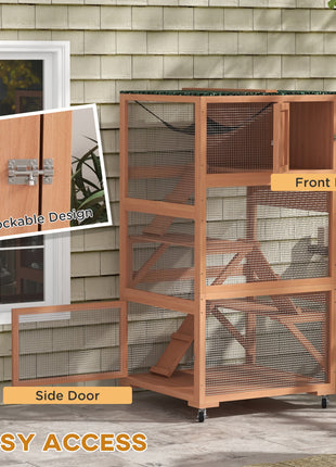 Catio, Outdoor Cat Enclosure House on Wheels with Hammock, Orange