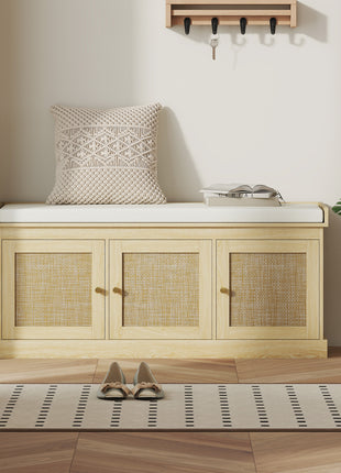 Shoe Storage Bench with Woven Rattan Doors, Shoe Bench with Cushion, Adjustable Shelves, Entryway Bench, Oak Tone
