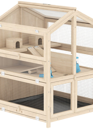 Wooden Hamster Cage, Large 3 Tier Hamster Cage w/ Pull-Out Tray, Openable Top, Hut, Seesaws, 26.8"L x 24.2"W x 35.4"H