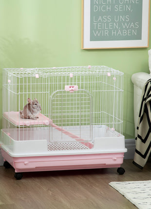 2-Level Small Animal Cage Rabbit Hutch with Wheels, Removable Tray, Platform and Ramp for Bunny, Chinchillas, Ferret, Pink