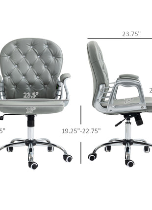 Button Tufted Desk Chair, Home Office Chair with Padded Armrests, Adjustable Height and Swivel Wheels, Gray