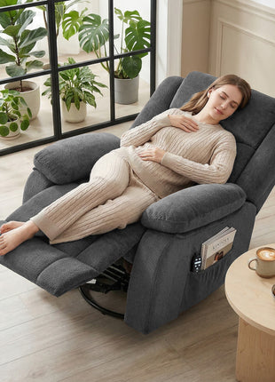 Recliner Massage Armchair with Heat, Oversized Swivel Rocker with Footrest, Remote and Side Pockets, Gray