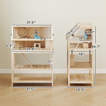 Wooden Hamster Cage with Detachable Lower Floor, Storage Shelf, Hut, Seesaw, Exercise Wheel, Ramps for Dwarf