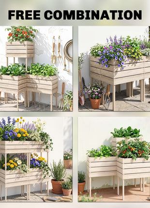 4PCS Raised Garden Bed With Legs, Wooden Elevated Planter Box Kit with Bed Liner, DIY Shape, for Flowers Vegetables Backyard Patio Balcony, 110lb Capacity