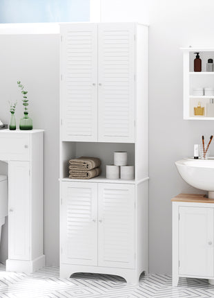 Tall Narrow Bathroom Storage Cabinet with Doors and Shelf Adjustability, Freestanding Linen Cabinet with 2 Cabinets and Countertop, White