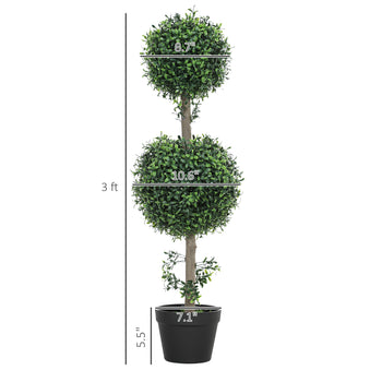 Set of 2 Artificial Ball Boxwood Topiary Trees, Fake Plants in Pot for Indoor Outdoor Living Room Green