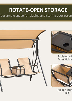 2 Person Porch Swing with Canopy, Storage Table, Cup Holder, Beige